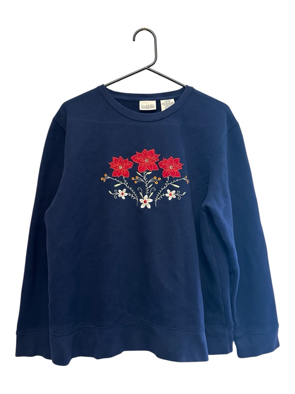 Vintage 90s Classic Elements Navy Crewneck Sweatshirt w Red Floral Embroidery L